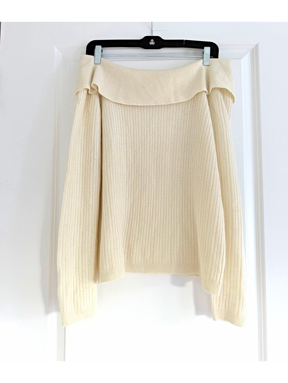 Katherine Kelly 100% Cashmere Off-Shoulder Cable Knit Sweater Ivory Sz M Luxury